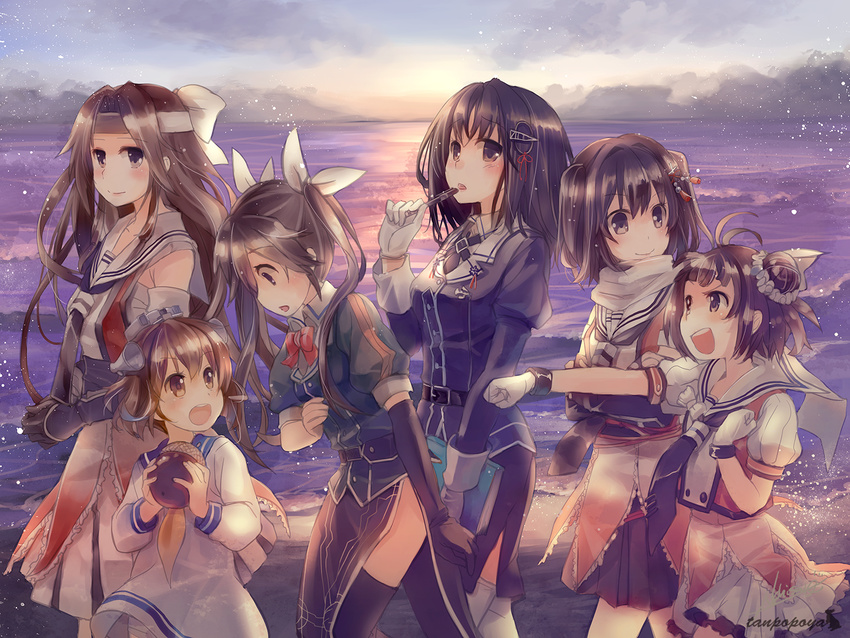 black_hair bow brown_eyes brown_hair elbow_gloves gloves group haguro_(kancolle) headband jintsuu_(kancolle) kantai_collection long_hair naka_(kancolle) naruse_chisato scarf sendai_(kancolle) short_hair skirt tone_(kancolle) uniform water watermark yukikaze_(kancolle)