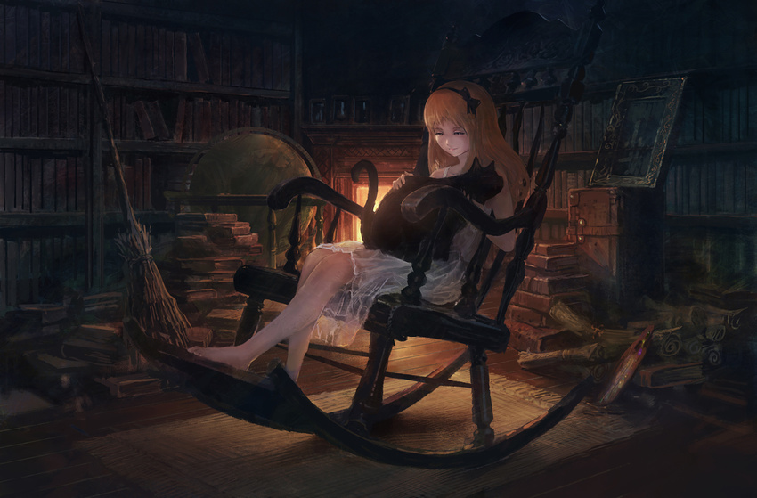 bare_arms bare_shoulders barefoot black_cat blonde_hair book book_stack bookshelf broom cat chair commentary_request dress fireplace gloves indoors long_hair original painting petting portrait_(object) rocking_chair scroll sitting smile solo white_dress you_shimizu