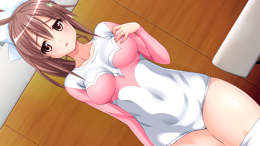 brown_eyes brown_hair game_cg ichinose_aya shotamane_boku_ga_manager_ni_natta_wake skintight