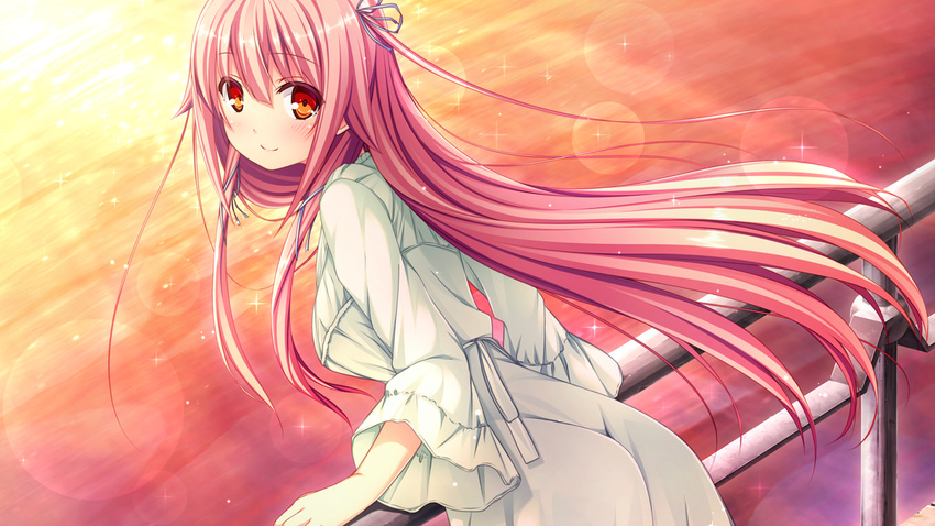 game_cg giga harvest_overray long_hair nironiro orange_eyes pink_hair sunset tamaki_yuuka water