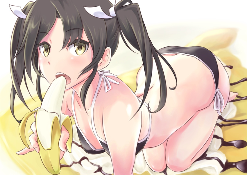 bikini black_hair food fruit kantai_collection swimsuit twintails wa_(genryusui) yellow_eyes zuikaku_(kancolle)