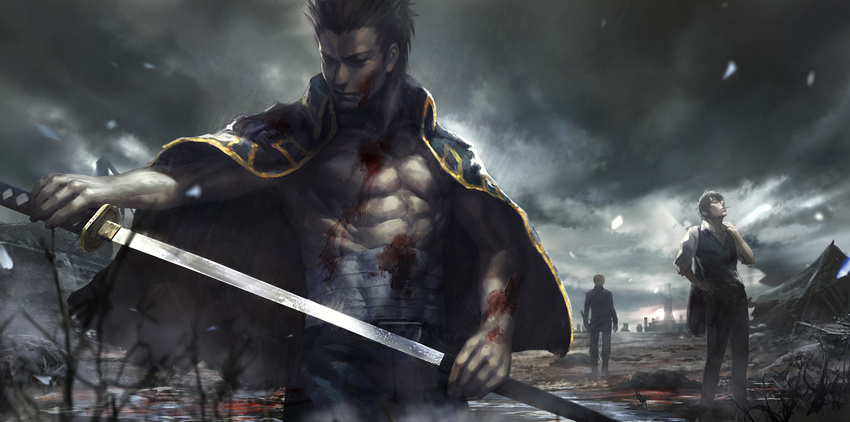 all_male bandage black_hair blood building cape cigarette clouds gintama hangleing hijikata_toushirou katana kondou_isao male okita_sougo sky sword weapon