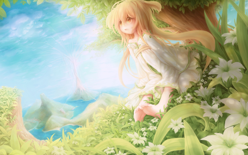 blonde_hair chameko doggirl flowers kukki_(manahui) orange_eyes original tree