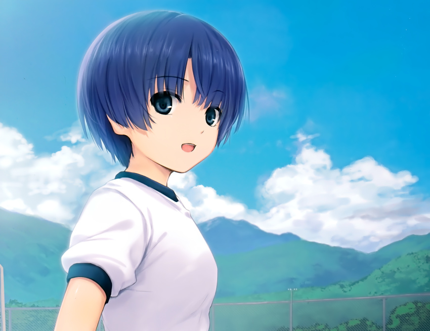 ano_natsu_de_matteru blue_eyes blue_hair clouds coffee-kizoku gym_uniform landscape scan scenic short_hair sky tanigawa_kanna