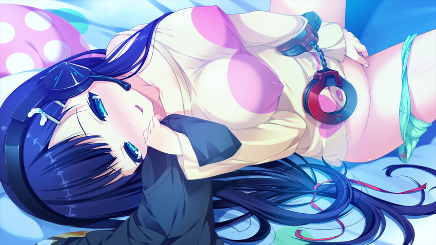 black_hair blue_eyes erect_nipples fingering game_cg giga harvest_overray headphones masturbation nironiro ouno_sumi pajamas panties panty_pull underwear