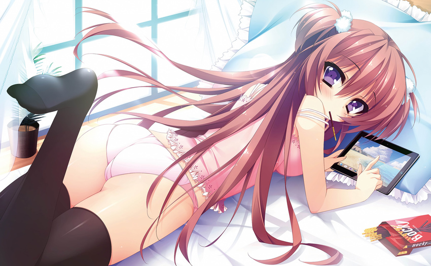 anapom ass bed blush game_cg long_hair ootori_maria panties pocky shukufuku_no_kane_no_oto_wa_sakura-iro_no_kaze_to_tomo_ni thighhighs underwear