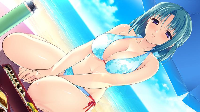 ayase_hazuki bikini blue_hair breasts food game_cg kamidere purple_eyes short_hair swimsuit uesugi_chihaya