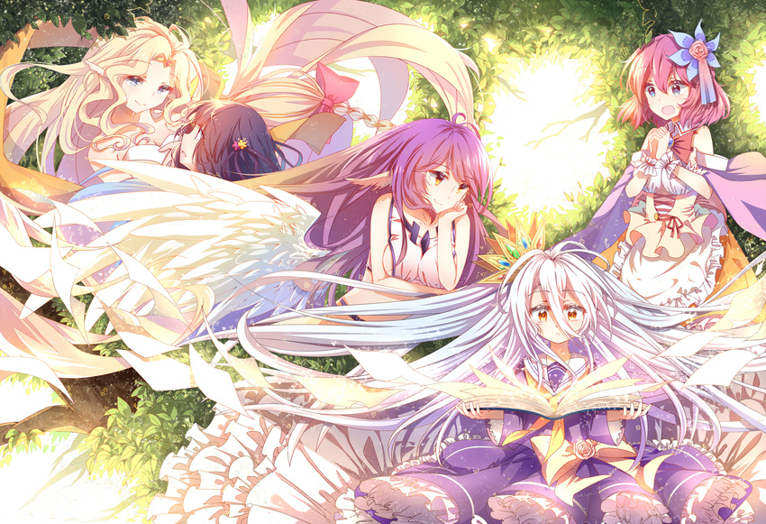 3000_xiao_chun black_hair blonde_hair blue_eyes book bow braids breasts cleavage crown dress feel_nilvalen group jibril kurami_zell leaves long_hair no_game_no_life orange_eyes pink_hair pointed_ears purple_eyes purple_hair ribbons seifuku shiro_(no_game_no_life) short_hair sideboob stephanie_dola tree white_hair