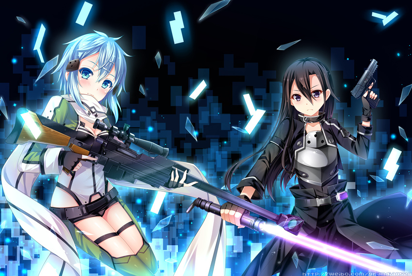 grandia_(artist) gun gun_gale_online kirigaya_kazuto shinon_(sao) sword sword_art_online weapon