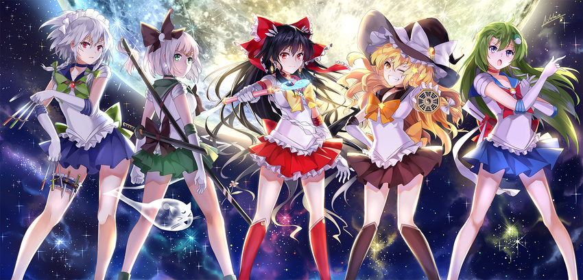 black_hair blonde_hair bow braids choker cosplay elbow_gloves garter gray_hair green_eyes green_hair group hakurei_reimu hat izayoi_sakuya kirisame_marisa knife kochiya_sanae konpaku_youmu moon myon neko_(yanshoujie) parody purple_eyes red_eyes sailor_moon signed skirt stars sword touhou wand weapon white_hair wink witch witch_hat yellow_eyes