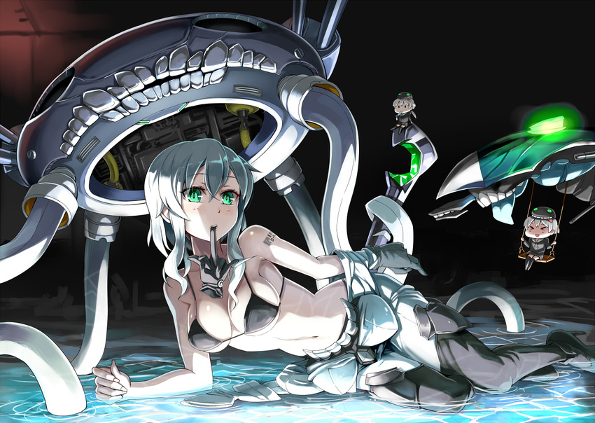 bikini bikini_top boots breasts cleavage emerane gloves green_eyes kantai_collection long_hair navel swimsuit tattoo thighhighs water white_hair wo-class_aircraft_carrier