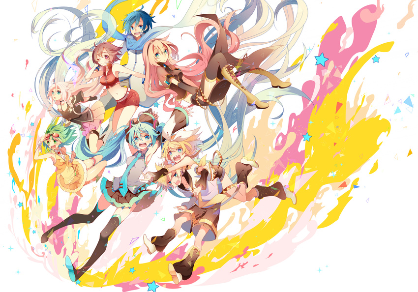 aqua_eyes aqua_hair bicolored_eyes blonde_hair blue_eyes blue_hair boots brown_hair garter goggles green_eyes green_hair group gumi hatsune_miku headband ia kagamine_len kagamine_rin kaito long_hair male megurine_luka meiko navel pink_eyes pink_hair red_eyes scarf short_hair shorts skirt temari_(deae) thighhighs tie twintails vocaloid wink wristwear