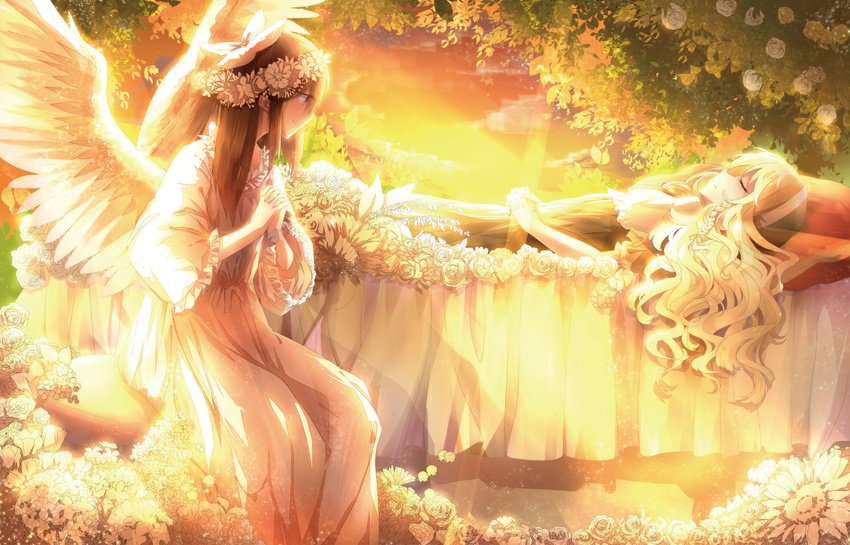 2girls 3000_xiao_chun blonde_hair bow braids brown_eyes brown_hair clouds dress flowers hakurei_reimu headdress jpeg_artifacts kirisame_marisa leaves long_hair orange sky sleeping sunset touhou tree wings