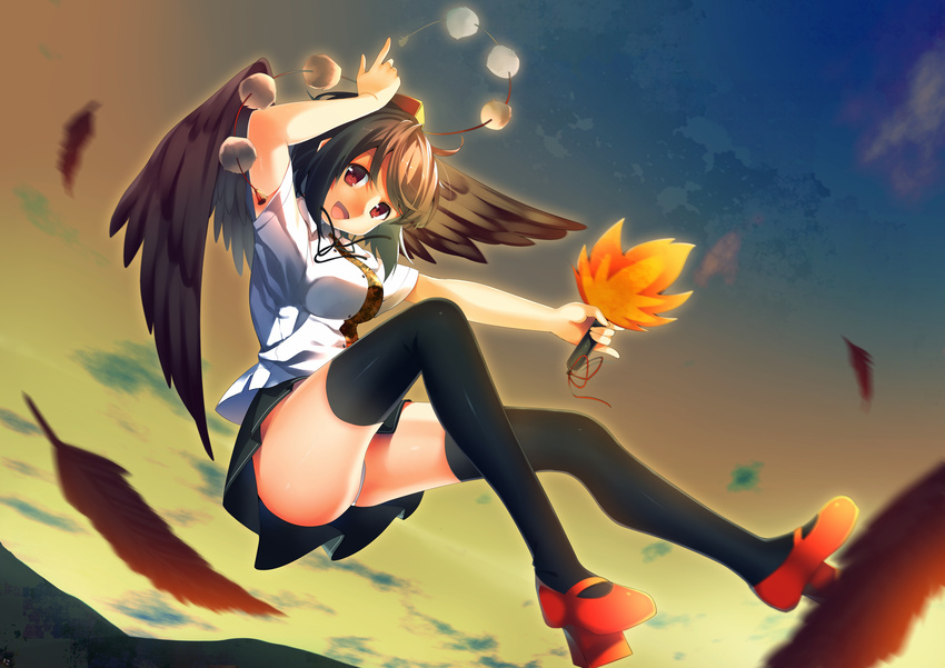 black_hair fan feathers hat niwashi_(yuyu) panties red_eyes shameimaru_aya short_hair skirt sky thighhighs tie touhou underwear upskirt wings