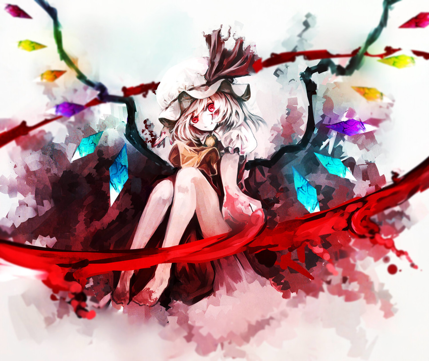 blonde_hair blood chiruru96 dress flandre_scarlet hat red_eyes short_hair touhou vampire wings