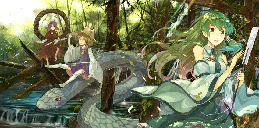 animal blue_eyes brown_hair dress forest green_hair hat headband japanese_clothes kazabana_fuuka kochiya_sanae long_hair miko moriya_suwako necklace purple_hair red_eyes short_hair skirt snake thighhighs torii touhou tree water waterfall wink yasaka_kanako yellow_eyes