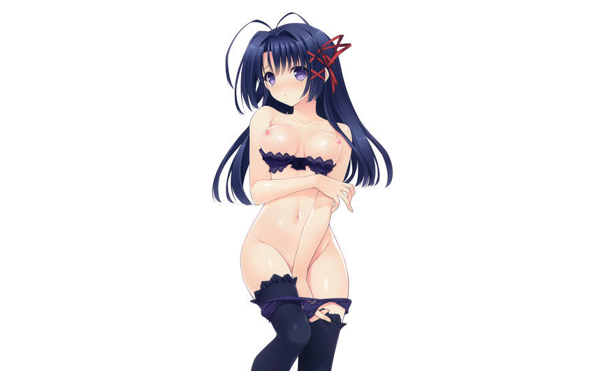 blue_hair blush bra breasts long_hair navel nipples ookura_risona otome_riron_to_sono_shuuhen:_ecole_de_paris panties panty_pull purple_eyes suzuhira_hiro thighhighs tsuki_ni_yorisou_otome_no_sahou underwear white