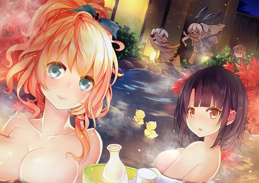 amatsukaze_(kancolle) atago_(kancolle) autumn black_hair blue_eyes breasts brown_eyes brown_hair cleavage drink group kantai_collection leaves mkiiiiii_(chuanxcc) onsen orange_hair rubber_duck sake shimakaze_(kancolle) takao_(kancolle) water white_hair windforcelan yukikaze_(kancolle)