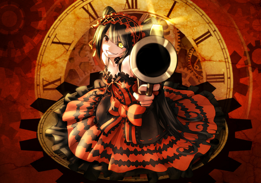 bai_yemeng bicolored_eyes bow date_a_live dress goth-loli gun headdress lolita_fashion red_eyes tokisaki_kurumi weapon yellow_eyes