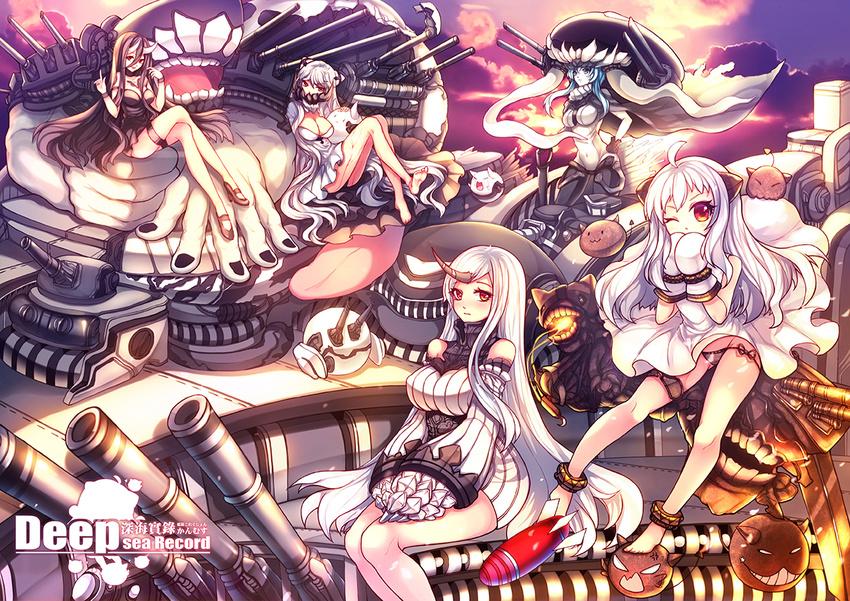 aqua_eyes aqua_hair barefoot battleship-symbiotic_hime black_hair bodysuit breasts cleavage dress eva200499 gloves group headdress horns kantai_collection long_hair midway_hime northern_ocean_hime orange_eyes panties seaport_hime underwear weapon white_hair wo-class_aircraft_carrier