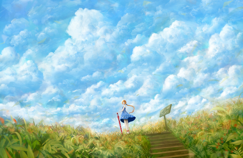 bou_nin clouds dress grass original ponytail scenic sky stairs umbrella