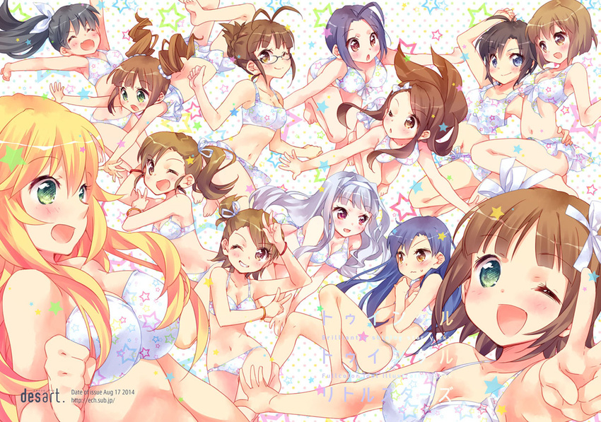 akizuki_ritsuko amami_haruka barefoot black_hair blonde_hair blue_eyes blue_hair blush bra breasts brown_eyes brown_hair cleavage ech fang futami_ami futami_mami ganaha_hibiki glasses green_eyes group hagiwara_yukiho hoshii_miki idolmaster kikuchi_makoto kisaragi_chihaya long_hair minase_iori miura_azusa navel panties ponytail purple_hair ribbons shijou_takane short_hair takatsuki_yayoi twins underwear wink