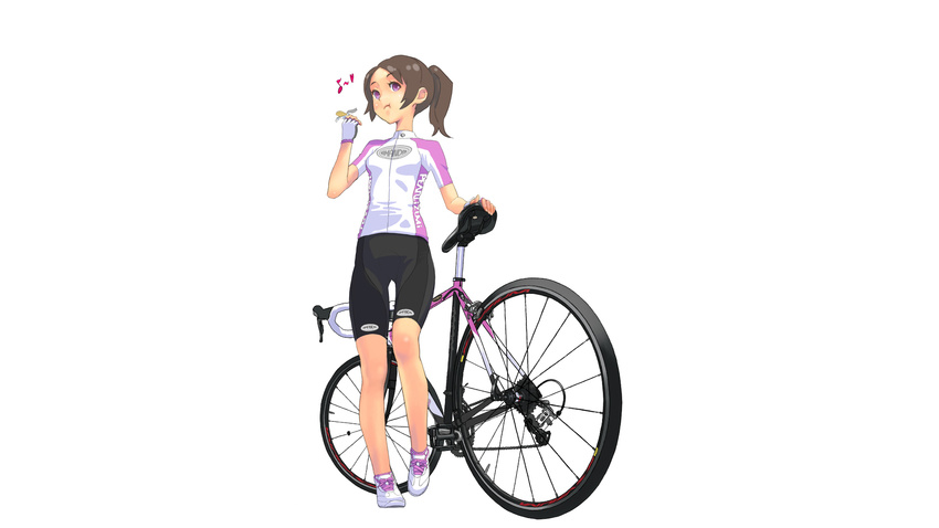 bicycle bike_shorts brown_hair food gloves hitomi_kazuya original ponytail purple_eyes short_hair shorts white