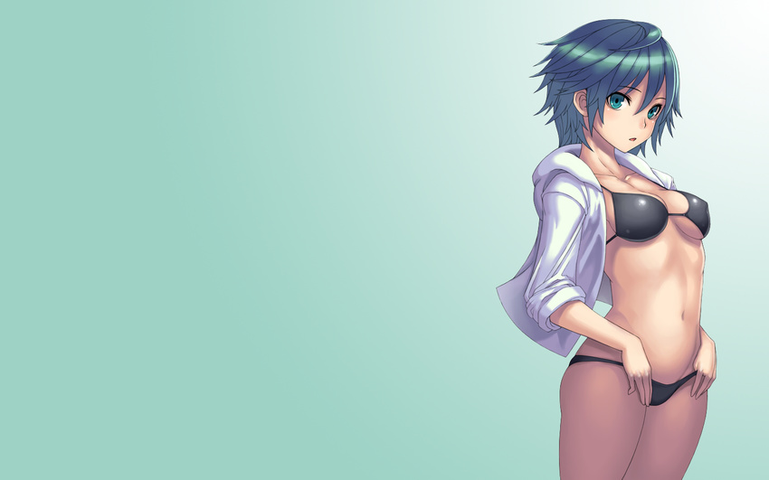 bikini blue_eyes blue_hair gradient hoodie katagiri_(a1466502) navel open_shirt original short_hair swimsuit