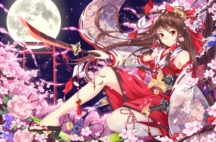 brown_hair cherry_blossoms hakurei_reimu japanese_clothes jpeg_artifacts katana long_hair miko moon night pc9527 petals red_eyes spear stars sword torii touhou weapon