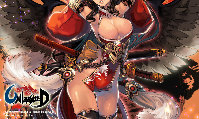 black_hair breasts cleavage katana logo long_hair nopan original qbspdl sword thighhighs unleashed weapon