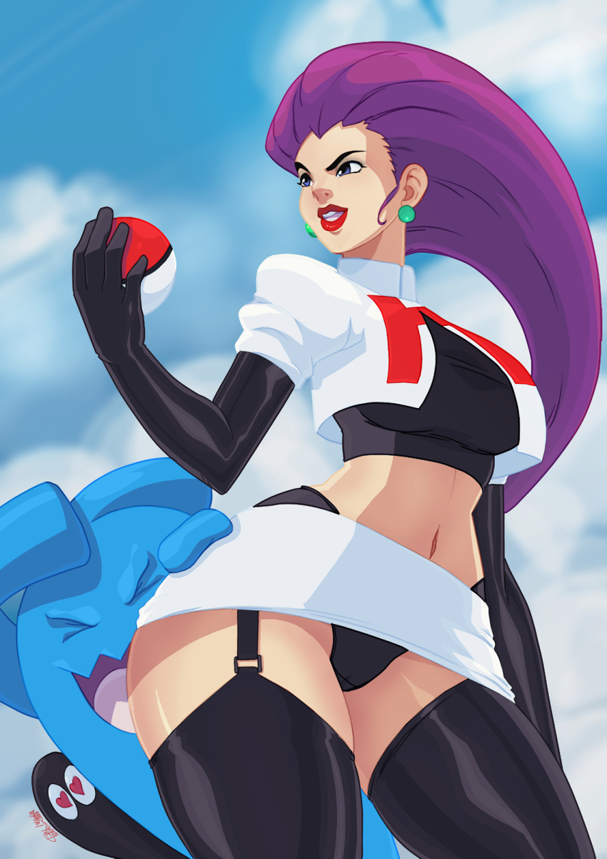 &lt;3 &lt;3_eyes blue_eyes blue_skin breasts camel_toe clothing crop_top female hair holding_object human human_focus jessie_(pokemon) mammal miniskirt navel nintendo panties pok&eacute;ball pok&eacute;mon pok&eacute;mon_(species) purple_hair shirt skirt tovio-rogers underwear upskirt video_games wobbuffet