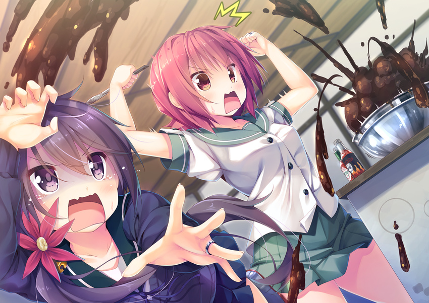 2girls :o akebono_(kantai_collection) arms_up bell bottle cardigan chocolate clenched_hands collarbone flower food hair_bell hair_flower hair_ornament hot_sauce jewelry jingle_bell kantai_collection kinu_(kantai_collection) long_hair masaki_kei multiple_girls open_mouth pleated_skirt purple_eyes purple_hair red_eyes red_hair ring scared school_uniform serafuku short_hair side_ponytail skirt spatula tabasco v-shaped_eyebrows very_long_hair wedding_band