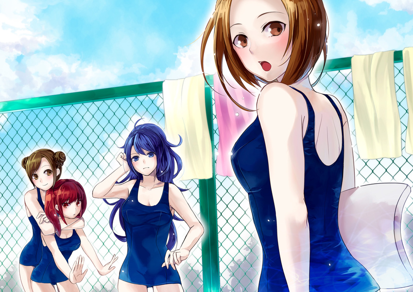 blue_eyes blue_hair brown_eyes brown_hair hug long_hair memai original red_eyes red_hair school_swimsuit short_hair swimsuit