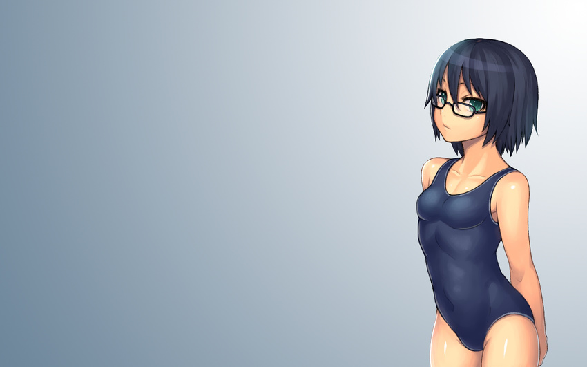 aqua_eyes black_hair glasses gradient katagiri_(a1466502) original short_hair swimsuit