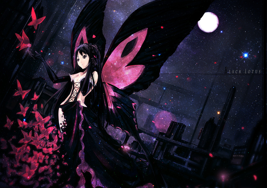 accel_world black_eyes black_hair butterfly dress elbow_gloves kuro_yuki_hime moon night oyeung petals stars wings