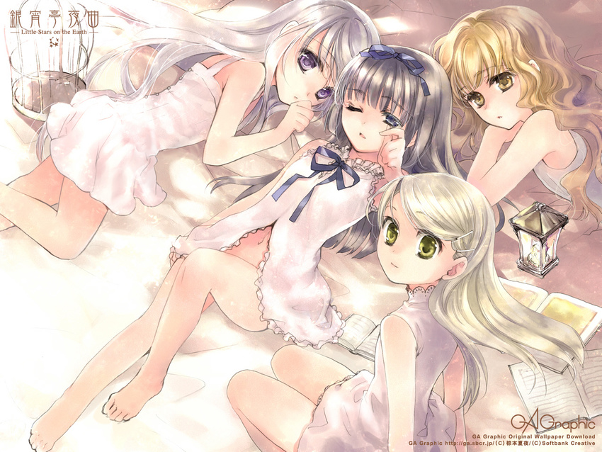 barefoot black_hair blonde_hair book cage dee estrella gagraphic gray_eyes gray_hair liddel little_stars_on_the_earth logo long_hair navel purple_eyes ribbons watermark wink wisteria yellow_eyes