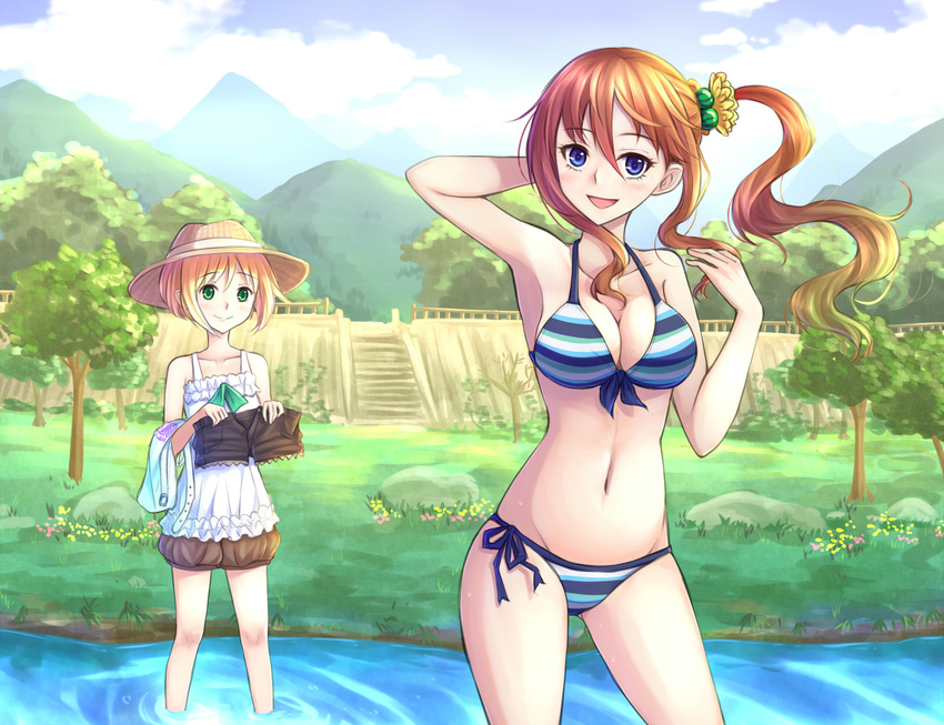 2girls bikini blonde_hair blue_eyes breasts brown_hair cleavage green_eyes hat navel original ponytail shorts suikakitsu_shiro swimsuit