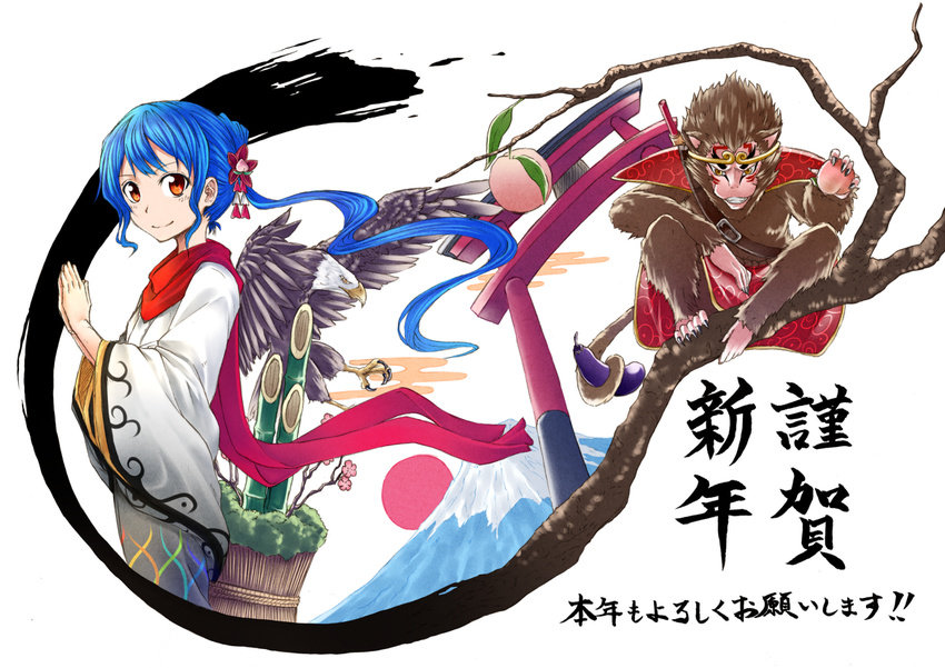 alternate_costume animal bamboo bird blue_hair chinese_zodiac eagle eggplant food fruit happy_new_year hatsuyume hawk hinanawi_tenshi japanese_clothes journey_to_the_west judo_fuu kimono long_hair monkey mount_fuji new_year peach ponytail red_eyes red_sun scarf smile sun_wukong torii touhou year_of_the_monkey