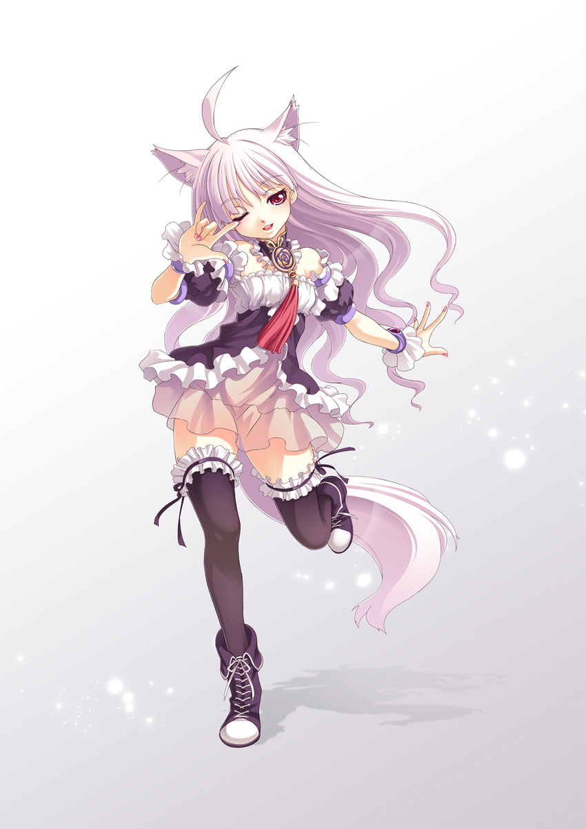 \n/ acami ahoge animal_ears bare_shoulders black_legwear boots detached_sleeves dog_ears dress elin_(tera) full_body gradient gradient_background highres leg_lift long_hair one_eye_closed open_mouth pink_hair red_eyes simple_background smile solo standing standing_on_one_leg tail tera_online thighhighs zettai_ryouiki