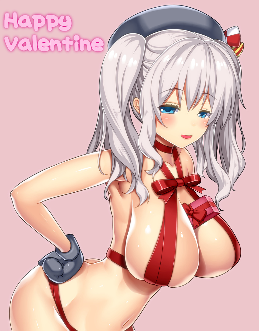 :d alternate_costume asamura_hiori ass bangs beret between_breasts blue_eyes blush bow box breasts collarbone eyebrows eyebrows_visible_through_hair gift gift_between_breasts gift_box gloves hair_ornament hand_on_hip happy_valentine hat highres kantai_collection kashima_(kantai_collection) large_breasts long_hair looking_at_viewer naked_ribbon naughty_face navel open_mouth pink_background red_bow red_ribbon ribbon silver_hair smile solo striped twintails upper_body valentine