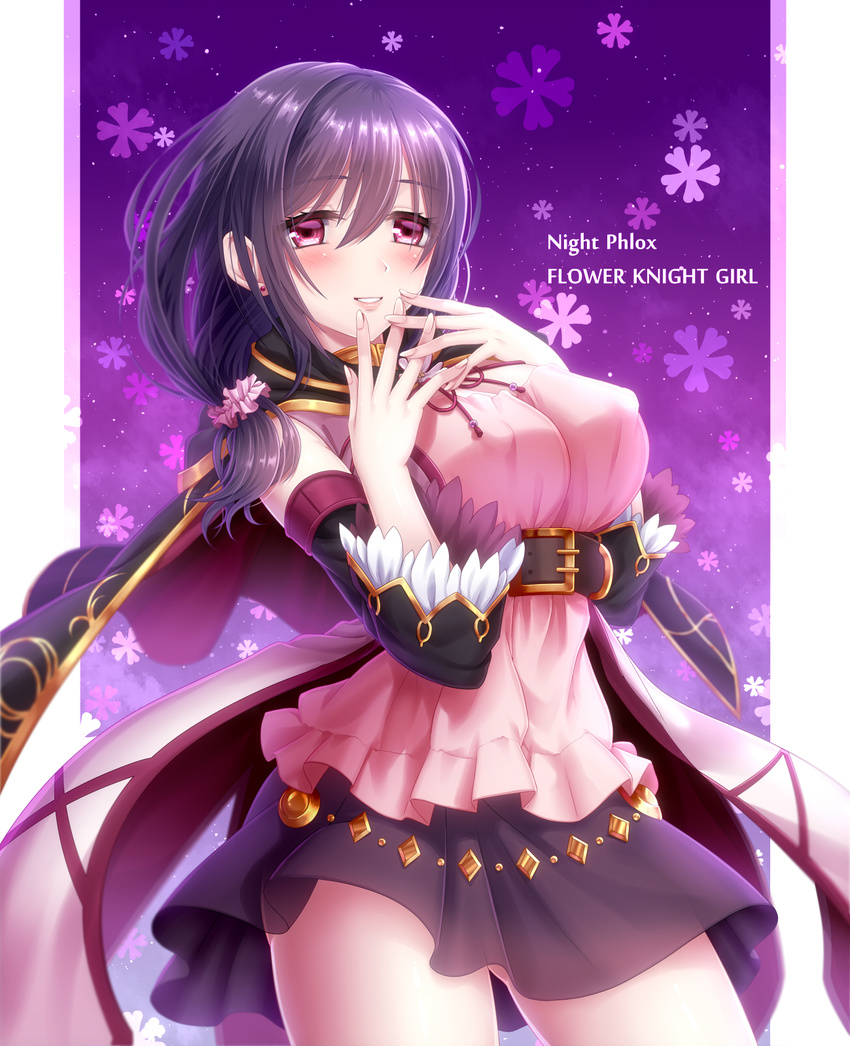 black_skirt breasts capelet character_name copyright_name cowboy_shot detached_sleeves flower_knight_girl highres large_breasts looking_at_viewer night_phlox_(flower_knight_girl) pink_eyes purple_background purple_hair short_hair skirt smile solo totsuki_ryuna