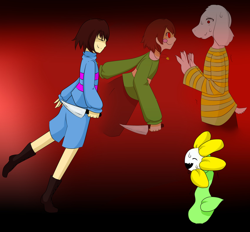 ^_^ absurdres androgynous asriel_dreemurr black_background blush blush_stickers boots brown_footwear brown_hair chara_(undertale) closed_eyes dual_persona empty_eyes evil_smile fangs flower flowey_(undertale) frisk_(undertale) frown full_body gradient gradient_background grin heart heart_necklace highres holding holding_knife holding_weapon jewelry knife long_sleeves looking_at_another monster_boy multiple_boys necklace open_mouth pants plant red_background red_eyes scared shaded_face shirt short_hair shorts smile spoilers striped striped_shirt striped_sweater sweat sweater sweating_profusely tail teeth transparent trembling undertale weapon yellow_flower