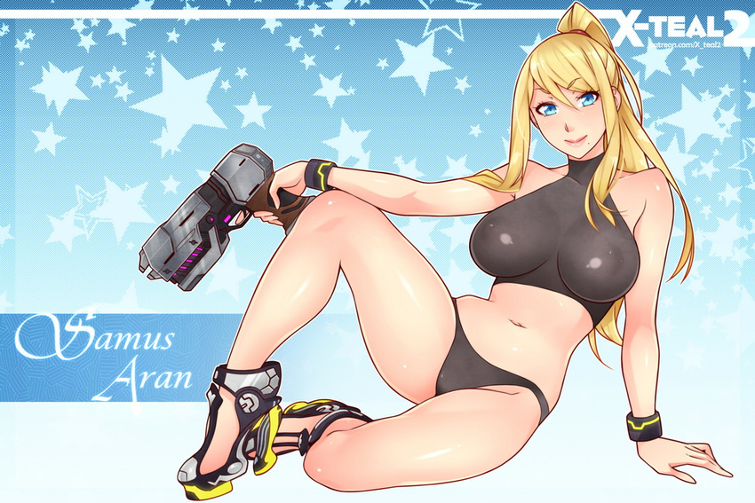 arm_support artist_name bangs bare_shoulders black_panties blonde_hair blue_background blue_eyes breasts breasts_apart character_name closed_mouth covered_nipples full_body gradient gradient_background groin gun hair_between_eyes halterneck handgun high_heels high_ponytail hips holding holding_gun holding_weapon impossible_clothes knee_up large_breasts light_smile lips long_hair metroid mole mole_under_mouth navel neon_trim no_pants panties ponytail reclining samus_aran sidelocks sitting skin_tight smile solo sports_bra star starry_background super_metroid super_smash_bros. trigger_discipline turtleneck underwear underwear_only watermark weapon web_address wristband x-teal2