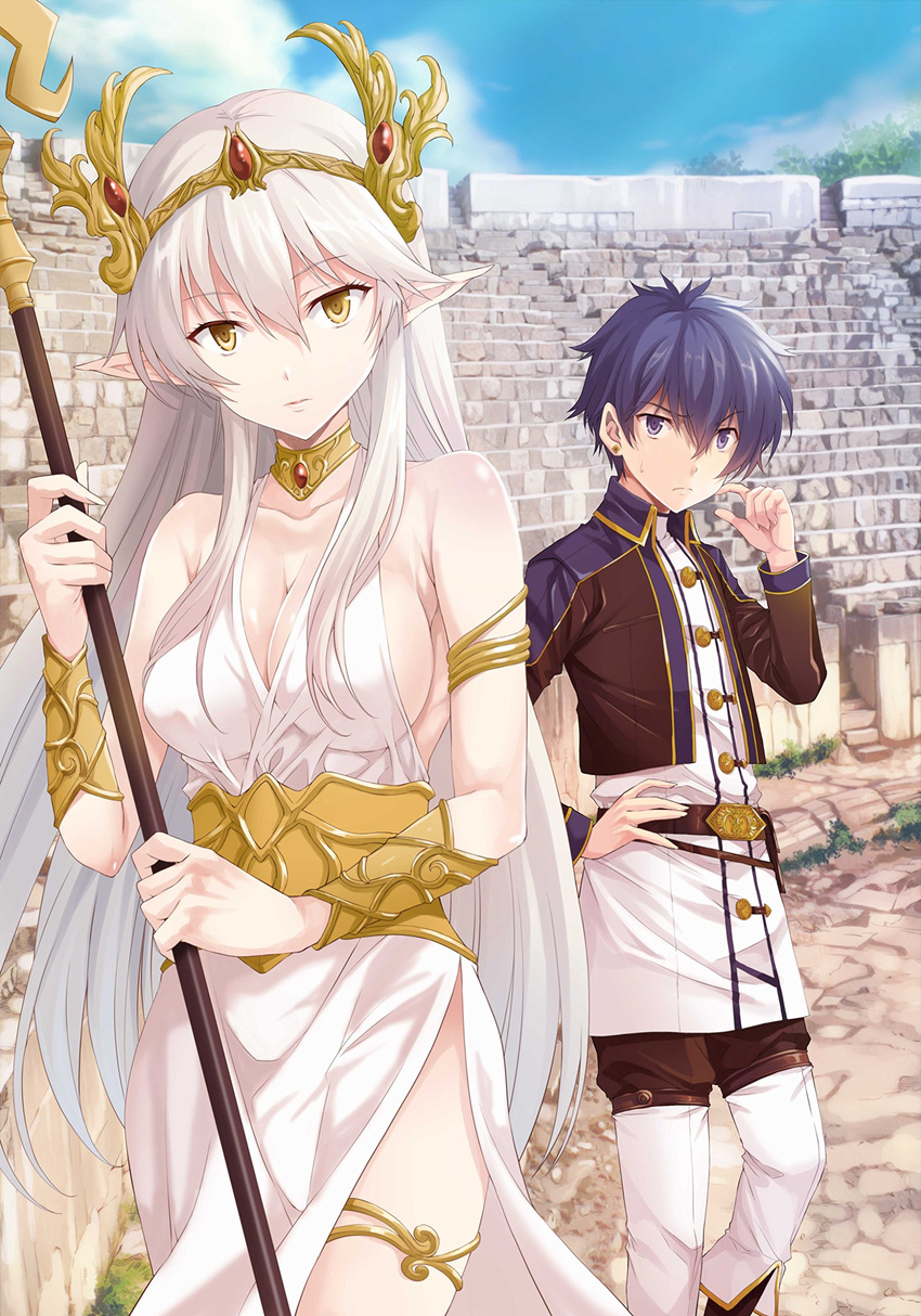 1girl absurdres armlet bare_shoulders belt blue_eyes blue_hair breasts crown dress hair_between_eyes hand_on_hip highres idainaru_daigensui_no_tenshin jewelry keita_marumiya large_breasts long_hair looking_at_another looking_at_viewer necklace official_art pointy_ears ruins scratching_cheek short_hair side_slit staff theater thigh_strap tomozo_kaoru very_long_hair white_dress white_hair yellow_eyes