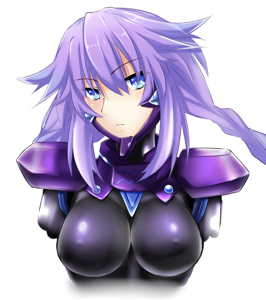 :| adapted_costume armor bangs blue_eyes bodysuit braid breasts cleavage closed_mouth covered_nipples cropped_arms flipped_hair gorget hair_between_eyes highres impossible_bodysuit impossible_clothes large_breasts long_hair looking_at_viewer muvluv neptune_(series) parody pauldrons pilot_suit power_symbol purple_hair purple_heart shishin_(shishintei) sidelocks simple_background skin_tight solo symbol-shaped_pupils turtleneck twin_braids upper_body very_long_hair white_background