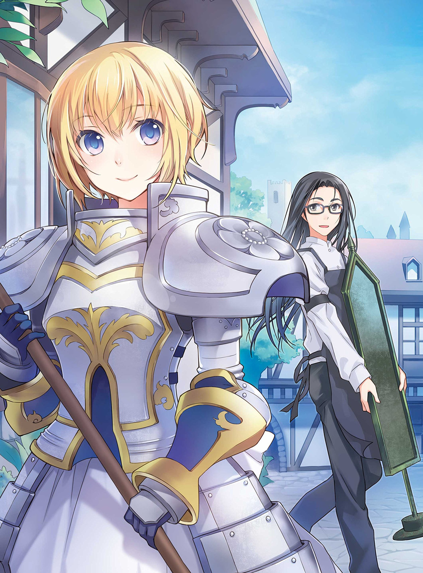 1girl absurdres apron armor armored_dress black_eyes black_hair blonde_hair ginta glasses highres long_hair looking_at_another meikyuu_toshi_no_antique_shop official_art purple_eyes short_hair shoulder_armor sign smile