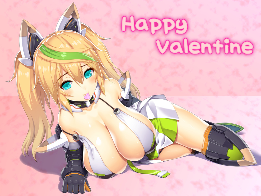 asamura_hiori bare_shoulders belt black_gloves black_panties blonde_hair blush breast_press breasts cleavage closed_mouth collarbone detached_collar eyebrows eyebrows_visible_through_hair eyelashes food_in_mouth full_body gene_(pso2) gloves green_hair hair_between_eyes hair_ornament happy_valentine headgear heart highres large_breasts long_hair looking_at_viewer lying miniskirt mouth_hold multicolored_hair on_side panties panty_straps phantasy_star phantasy_star_online_2 pink_background pleated_skirt shadow skirt smile solo strap_slip streaked_hair thighhighs twintails underwear valentine