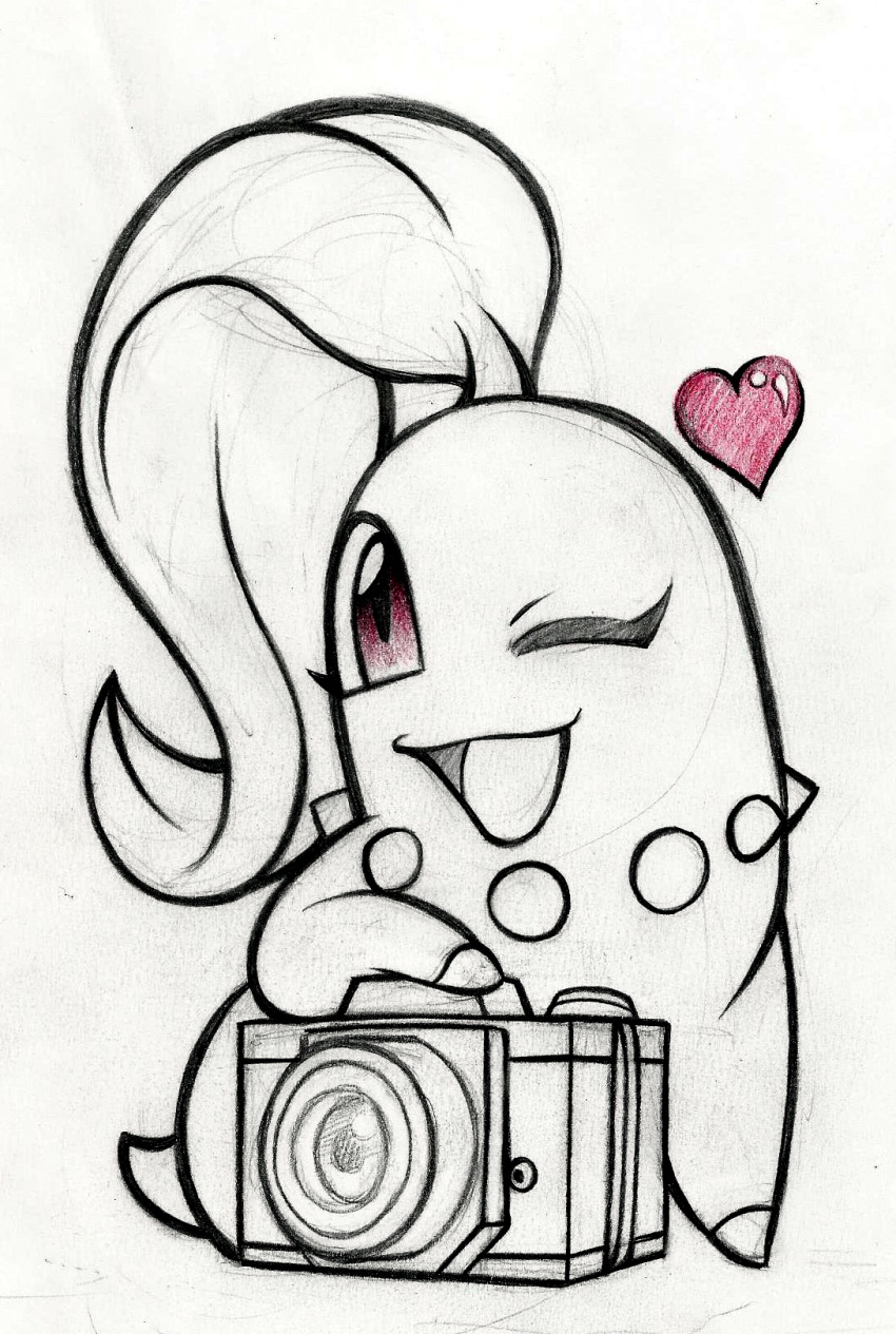 2013 abrahamgart camera chikorita female feral hi_res leaf looking_at_viewer nintendo one_eye_closed open_mouth open_smile pok&eacute;mon pok&eacute;mon_(species) red_eyes simple_background sketch smile solo spot_color traditional_media_(artwork) video_games white_background wink
