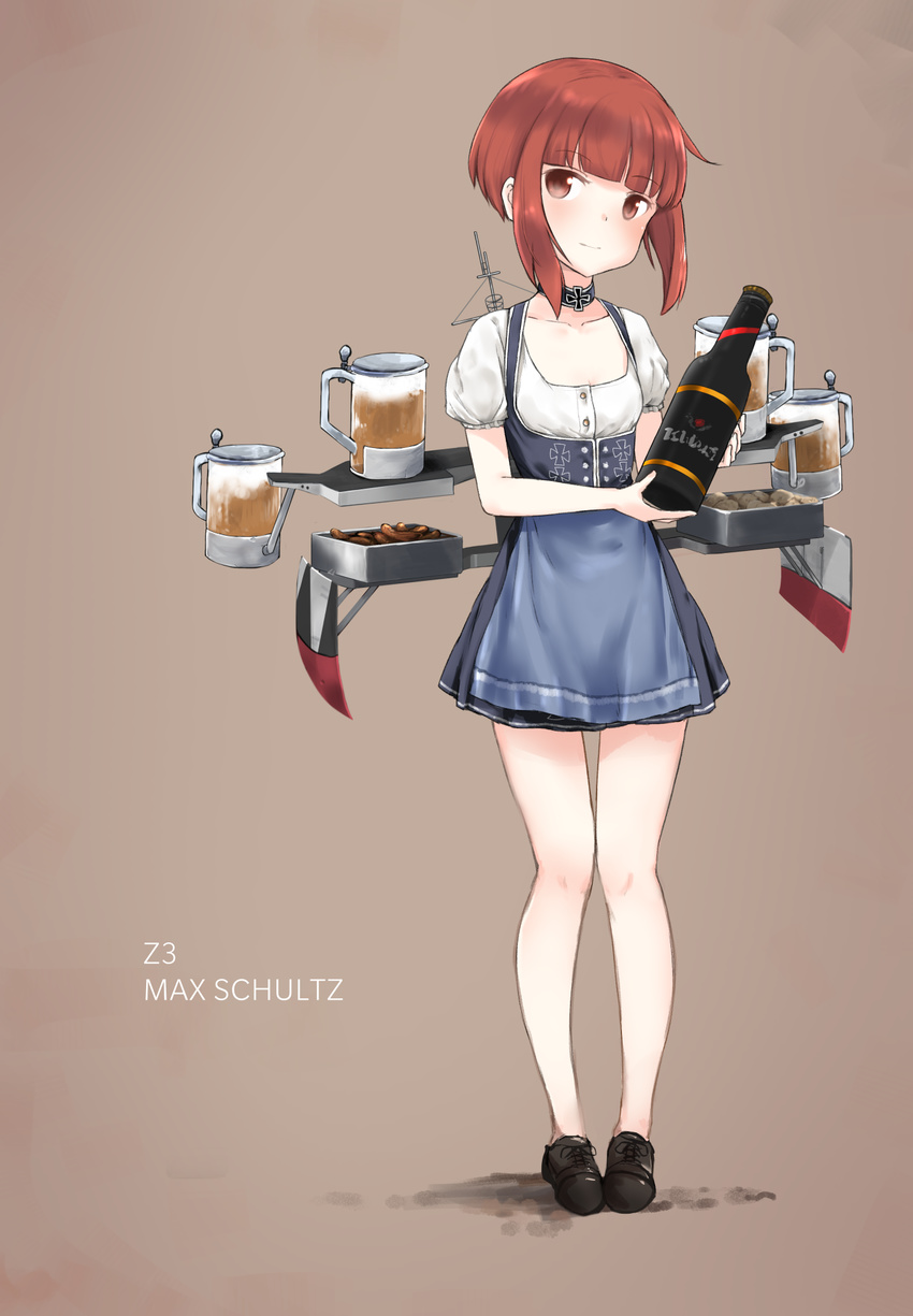 alcohol alternate_costume beer bottle brown_eyes cleazul dirndl full_body german_clothes highres holding holding_bottle kantai_collection oktoberfest short_hair simple_background snack solo z3_max_schultz_(kantai_collection)