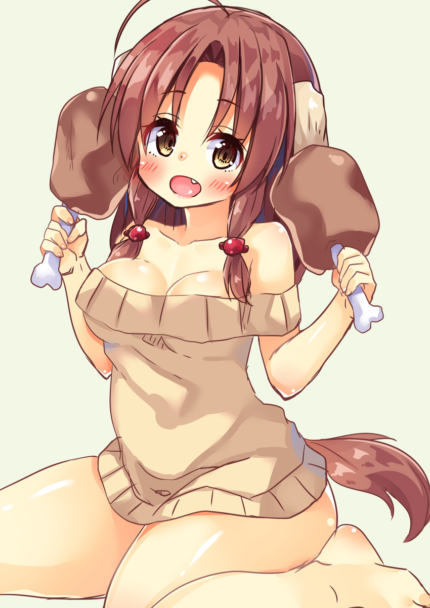 animal_ears asa_no_ha bare_shoulders barefoot breasts brown_hair cleavage dog_ears dog_tail fang highres medium_breasts original short_hair solo sweater tail